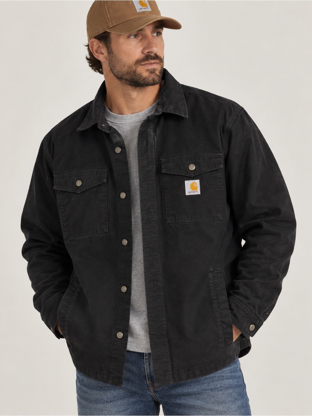 Carhartt Black Canvas Work Jacket Utility Chore Coat Button Front Mens XL